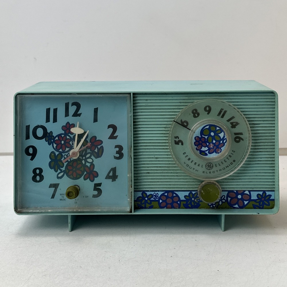 General Electric C2416A Analog Clock Radio Alarm Blue Floral Rectangle Works